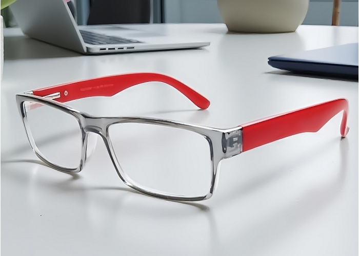 Lunettes de lecture - grises translucide branches rouges brillantes